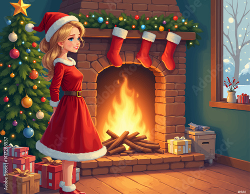 Blonde Woman in Santa Dress by Fireplace at Christmas