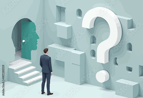 Businessman faces a question mark and a head-shaped door