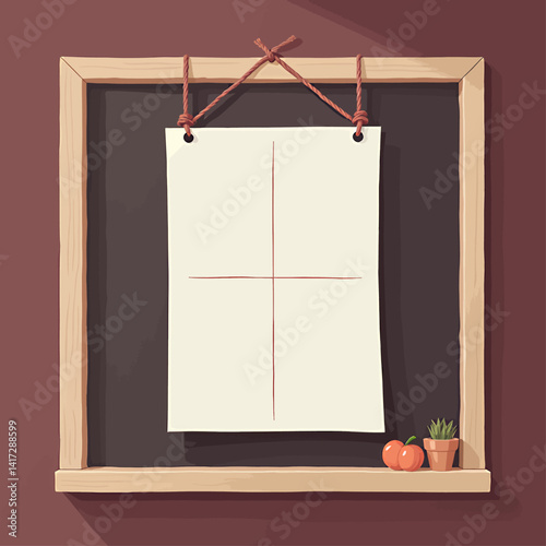 Cartoon bulletin board with blank paper and shelf decor