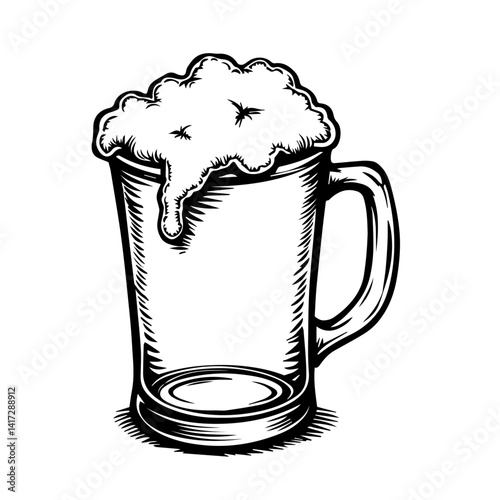 Hand-drawn beer mug overflowing with foam on white background  