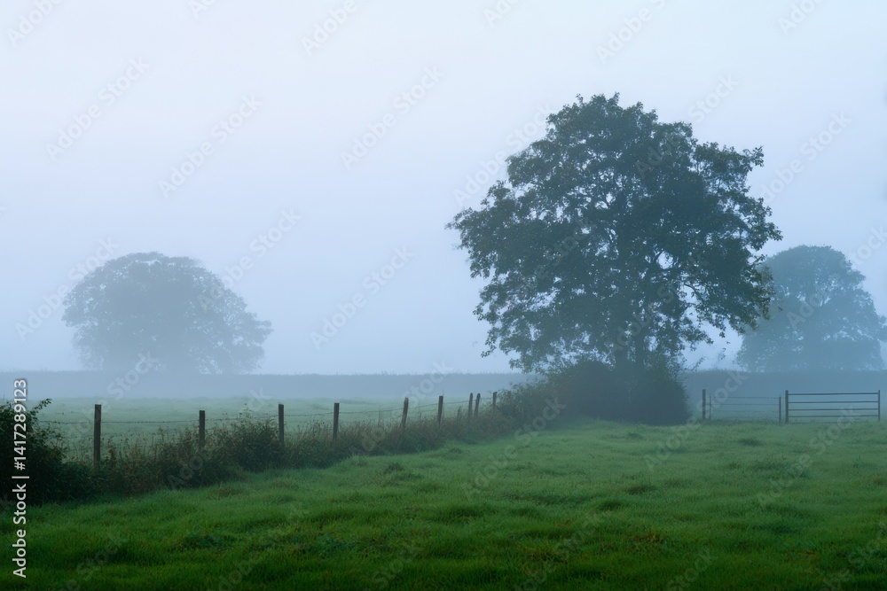Fototapeta premium Serene misty morning in tranquil countryside meadow with soft light and peaceful natural atmosphere Generative AI