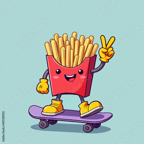 Cartoon French Fries Character on Skateboard with Peace Sign