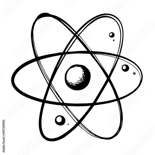 Atom illustration in black and white style representing science  