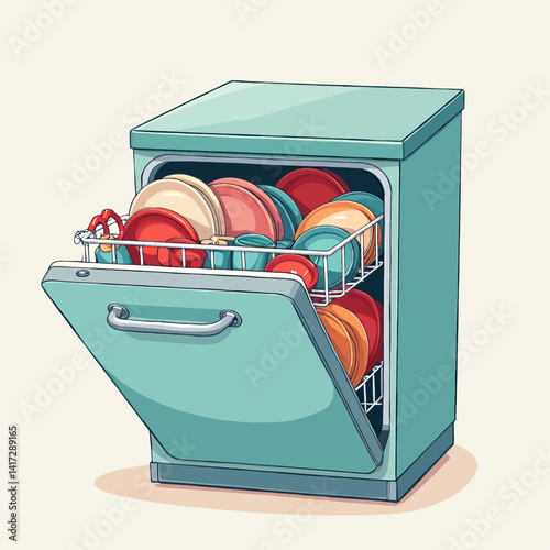 Cartoon Dishwasher Filled with Colorful Dishes