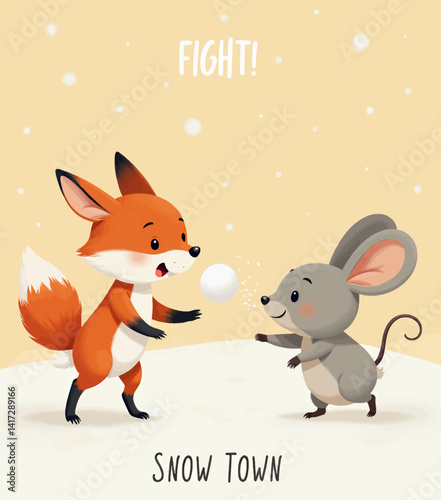 Cartoon Fox and Mouse Snowball Fight in Snow Town