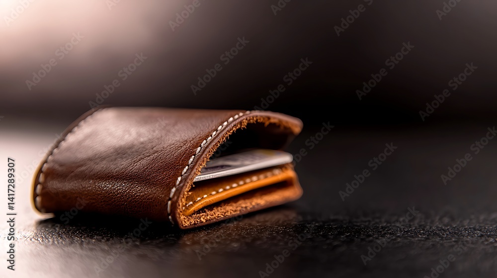 Fototapeta premium Compact, brown leather wallet. Cards are slightly visible. Black background