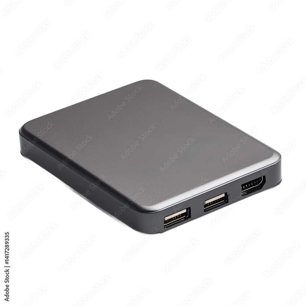 A rectangular, gray portable power bank with multiple charging ports, ideal for recharging mobile devices. A rectangular, gray portable power bank with multiple charging ports, ideal for recharging mobile devices.