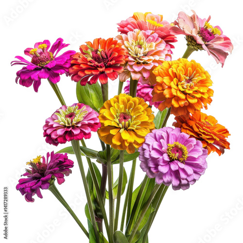 Bright and vibrant bouquet of zinnia flowers in various colors, showcasing their beauty and charm. This arrangement brings cheerful and lively atmosphere to any setting