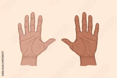 Open palms of hands sketch drawing illustration. Hand drawn vector line art clipart in engraving style, diversity, greeting, support, protect concept