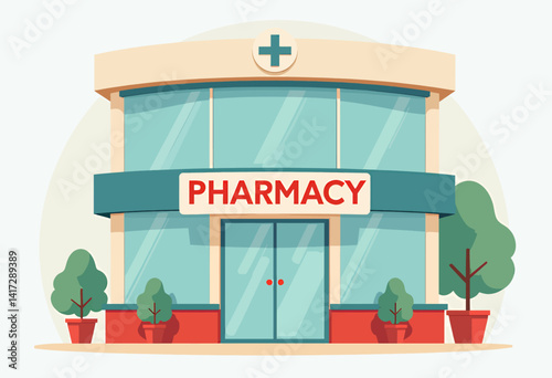 Cartoon pharmacy building with potted plants and teal cross