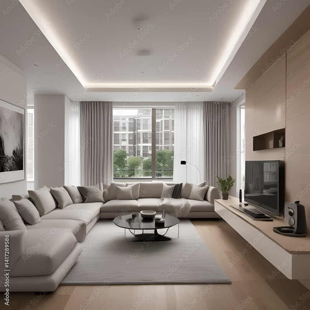 Fototapeta premium Spacious living room with large sectional sofa and modern design elements and natural light filling space