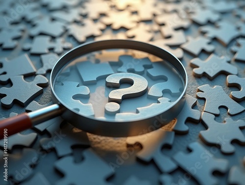 A photorealistic view of an abstract puzzle with a magnifying glass highlighting a missing piece shaped like a question mark, symbolizing problem-solving and critical thinking.