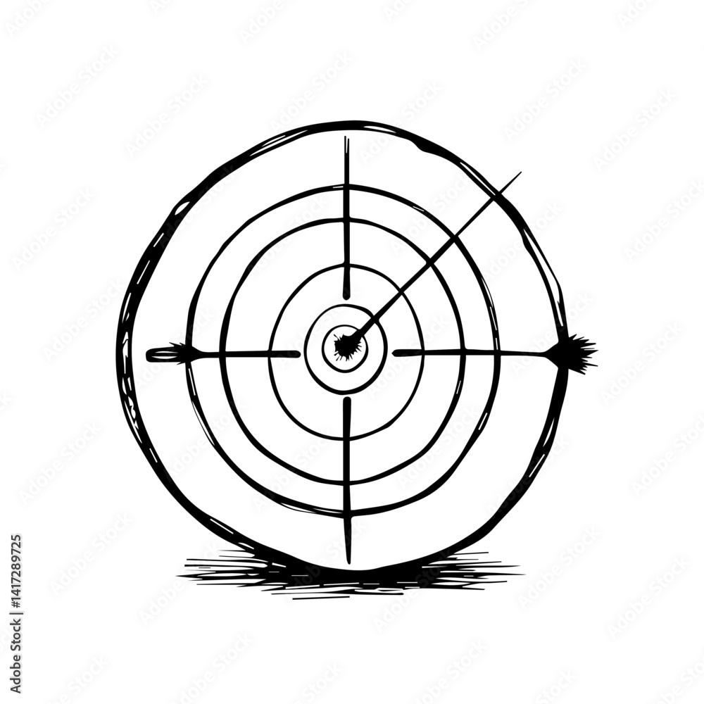 Circular wooden target with concentric circles and arrow Circular wooden target with concentric circles and arrow