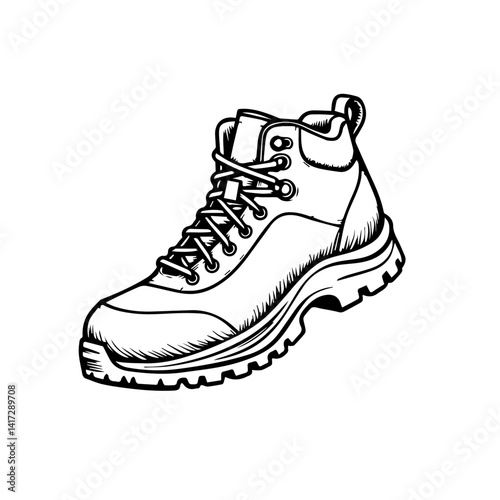 Hiking boot outlined in black and white style for outdoor activities  