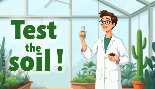 Cartoon Scientist Testing Soil in Greenhouse Lab