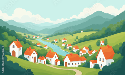 Cartoon Village with Orange Roofs and Green Hills