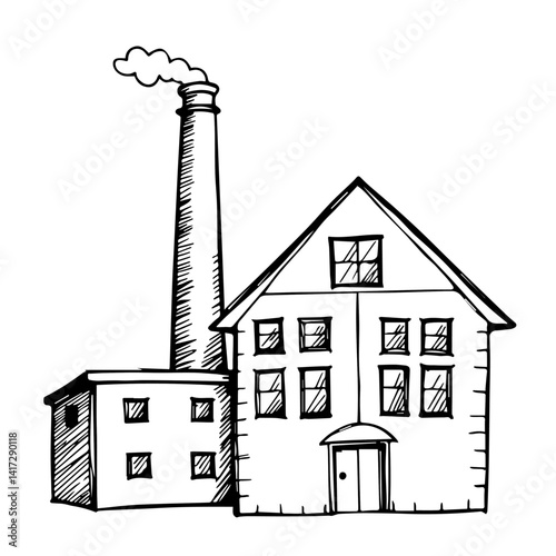 Industrial factory and house sketch in black and white style  