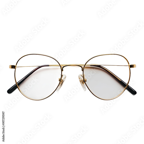 A pair of gold-rimmed round eyeglasses, showcasing a clear lens, suitable for everyday wear. photo