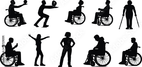 Silhouette of people in wheelchair in a vector illustration style