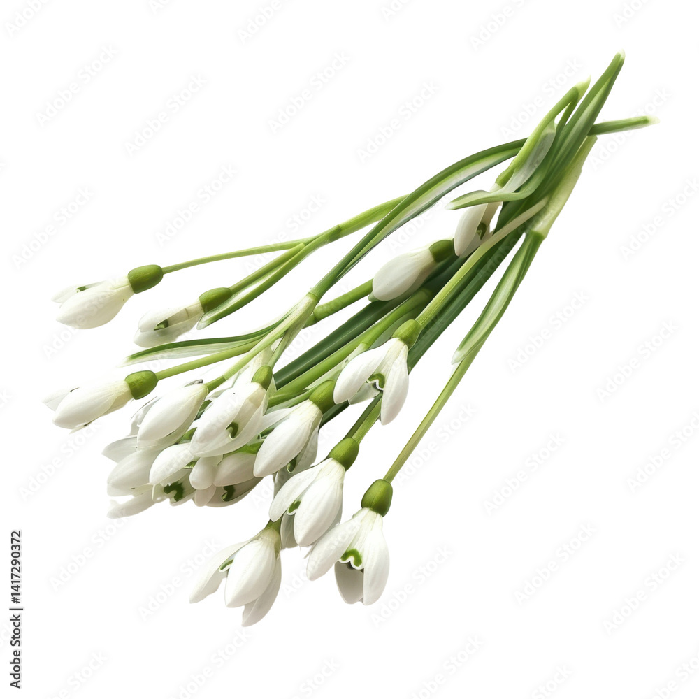 beautiful arrangement of delicate white snowdrop flowers with green stems, symbolizing purity and new beginnings. Perfect for spring decor or floral arrangements