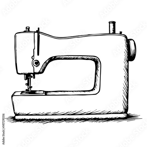 Sewing machine sketch in black and white style for crafts  