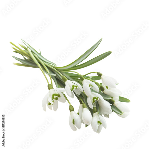 beautiful bouquet of snowdrop flowers, featuring delicate white petals with green accents, arranged with long green leaves, symbolizing purity and arrival of spring