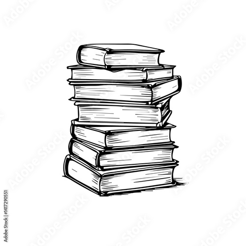 Stack of vintage books in black and white illustration  