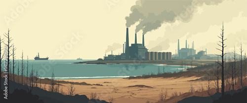 Coastal Power Plant with Smoke and Barren Landscape