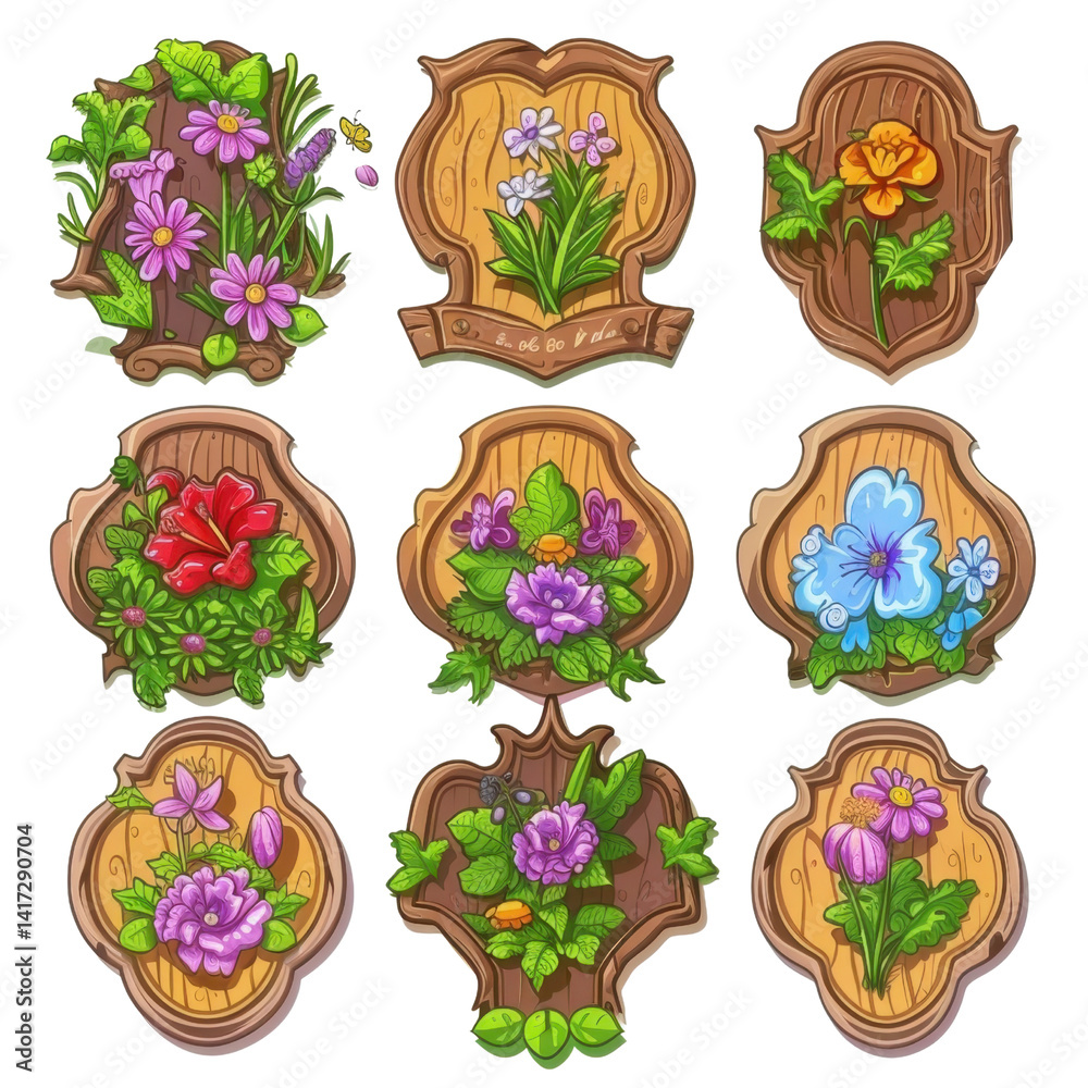 Floral illustrations featuring various flowers wooden plaques, showcasing vibrant colors and intricate designs. These charming artworks evoke sense of nature and creativity, perfect for decoration