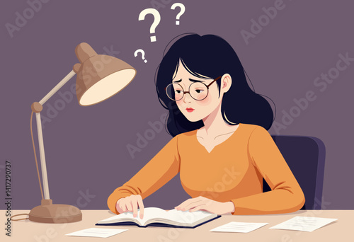 Confused Student Studies Under Desk Lamp with Question Marks