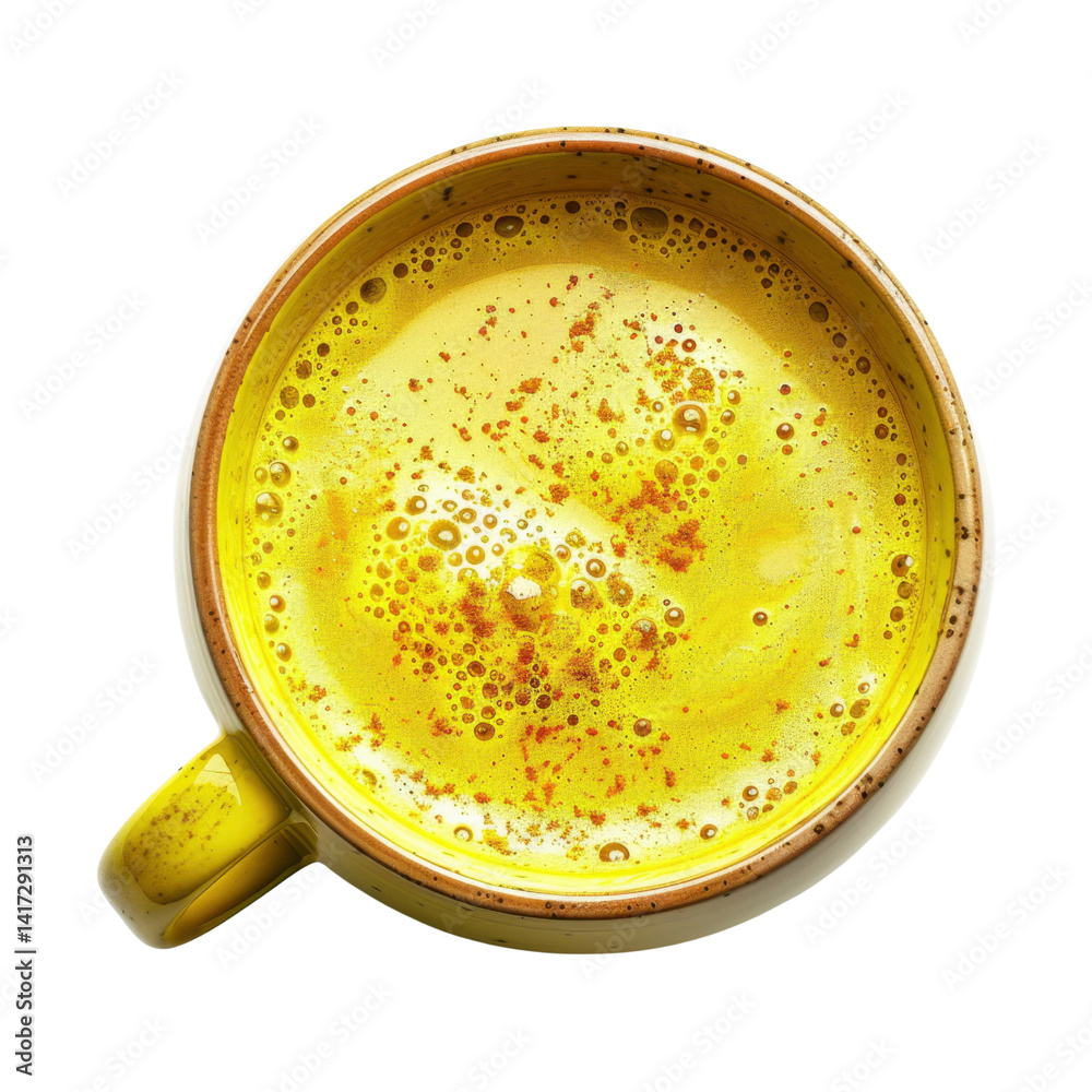 Golden turmeric latte in yellow mug with frothy texture and sprinkled spices on top, evoking warmth and comfort. Perfect for cozy moments or health conscious choices