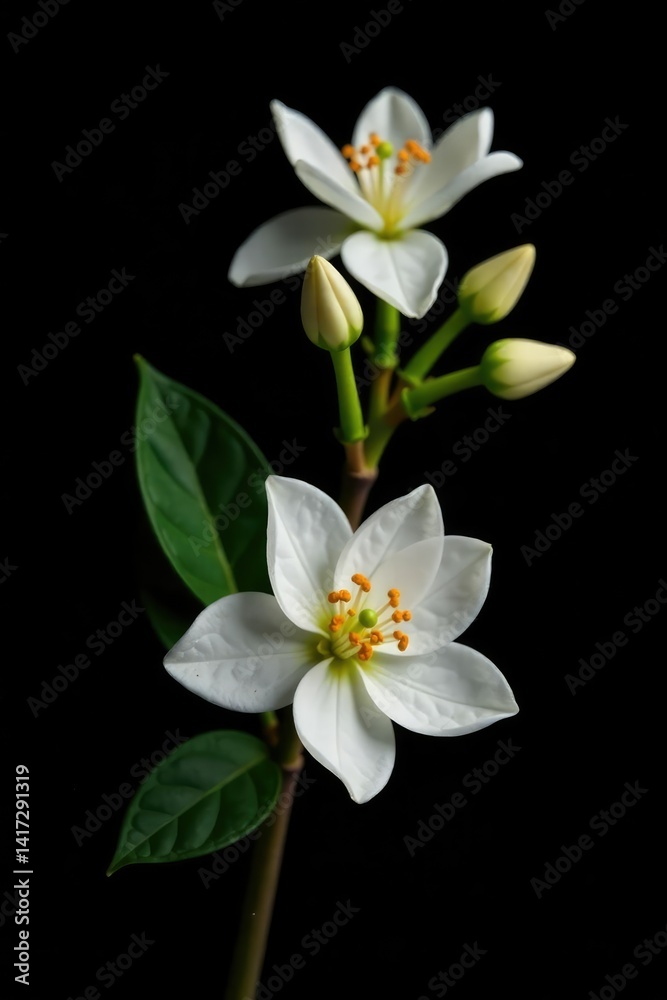 Obraz premium White flowers and isolated branches against black background, white flowers, isolated