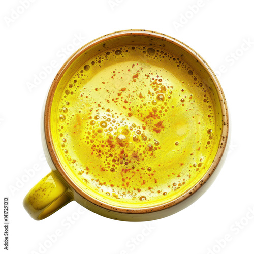 Obraz na płótnie Golden turmeric latte in yellow mug with frothy texture and sprinkled spices on top, evoking warmth and comfort. Perfect for cozy moments or health conscious choices w salonie