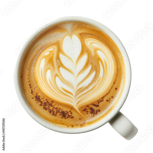 beautifully crafted latte with intricate foam art, showcasing delicate leaf design on rich, creamy surface. warm tones of coffee create inviting atmosphere