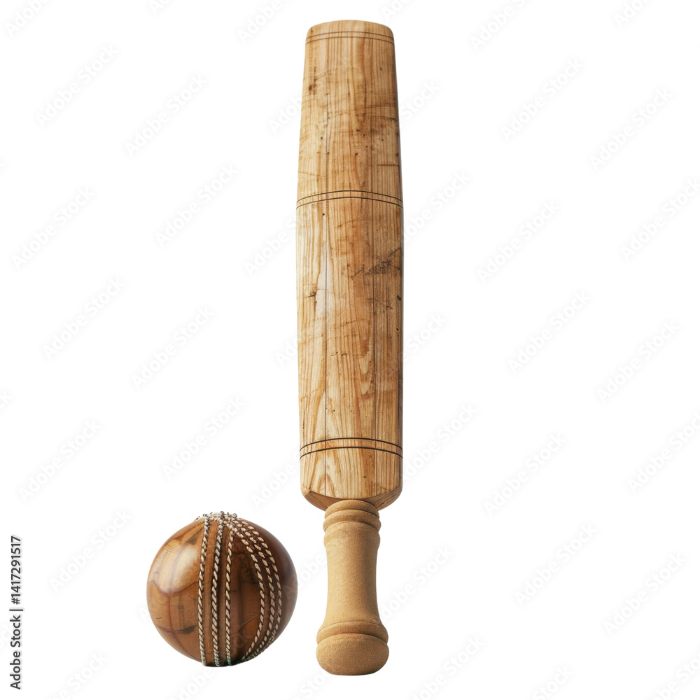 wooden cricket bat and ball, showcasing craftsmanship and detail of bat design. bat is made of high quality wood, while ball features traditional stitching, evoking sense of sport and competition