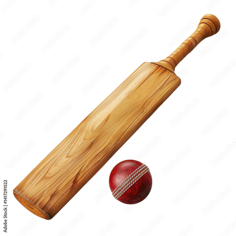 wooden cricket bat and red cricket ball are displayed together, showcasing essential equipment for sport. bat features smooth finish, while ball has shiny surface, reflecting excitement of game