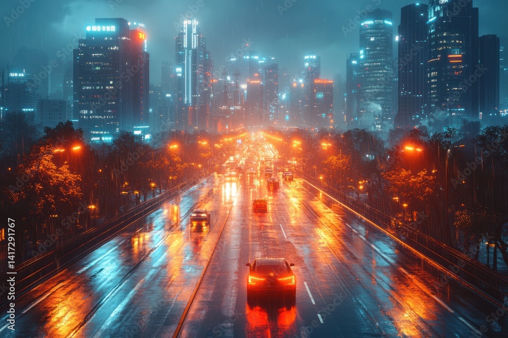 Fototapeta premium Night city highway, rain, futuristic