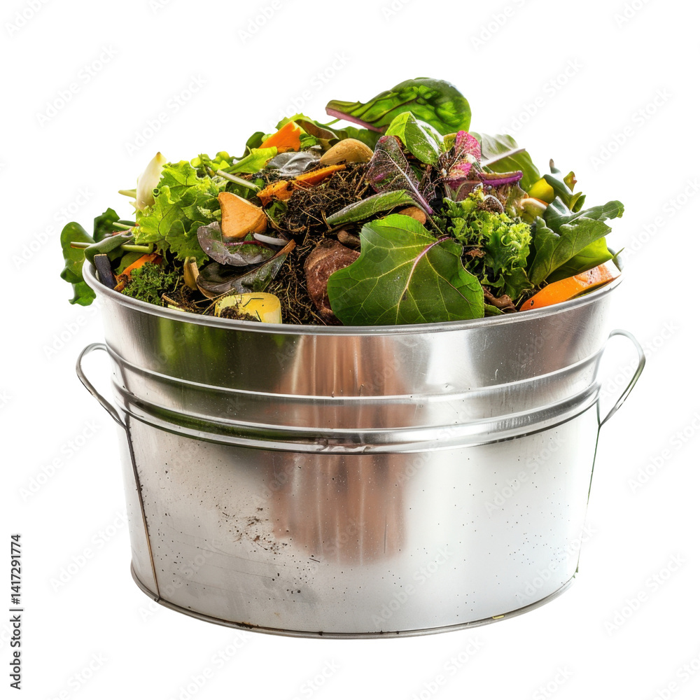 metal bucket filled with variety of fresh vegetables and greens, showcasing vibrant mix of colors and textures. This evokes sense of sustainability and healthy living