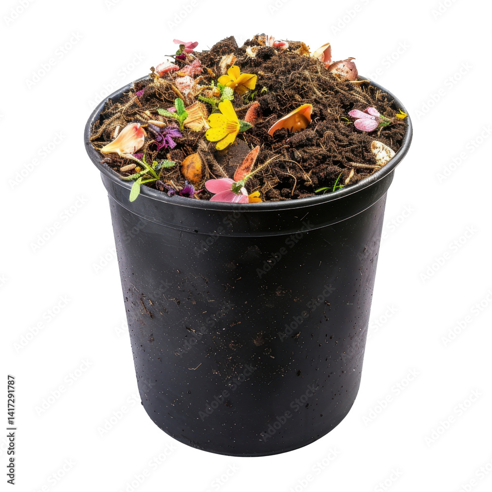 black compost bin filled with rich soil and colorful organic waste, including flower petals and vegetable scraps, showcasing process of recycling and sustainability
