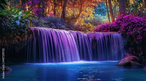 Lush fantasy waterfall, the vibrant vegetation illuminated in hues of vivid purple and blue, in a nature inspired dreamscape. illustration
