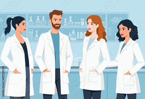 Diverse Lab Team in White Coats with Scientific Glassware