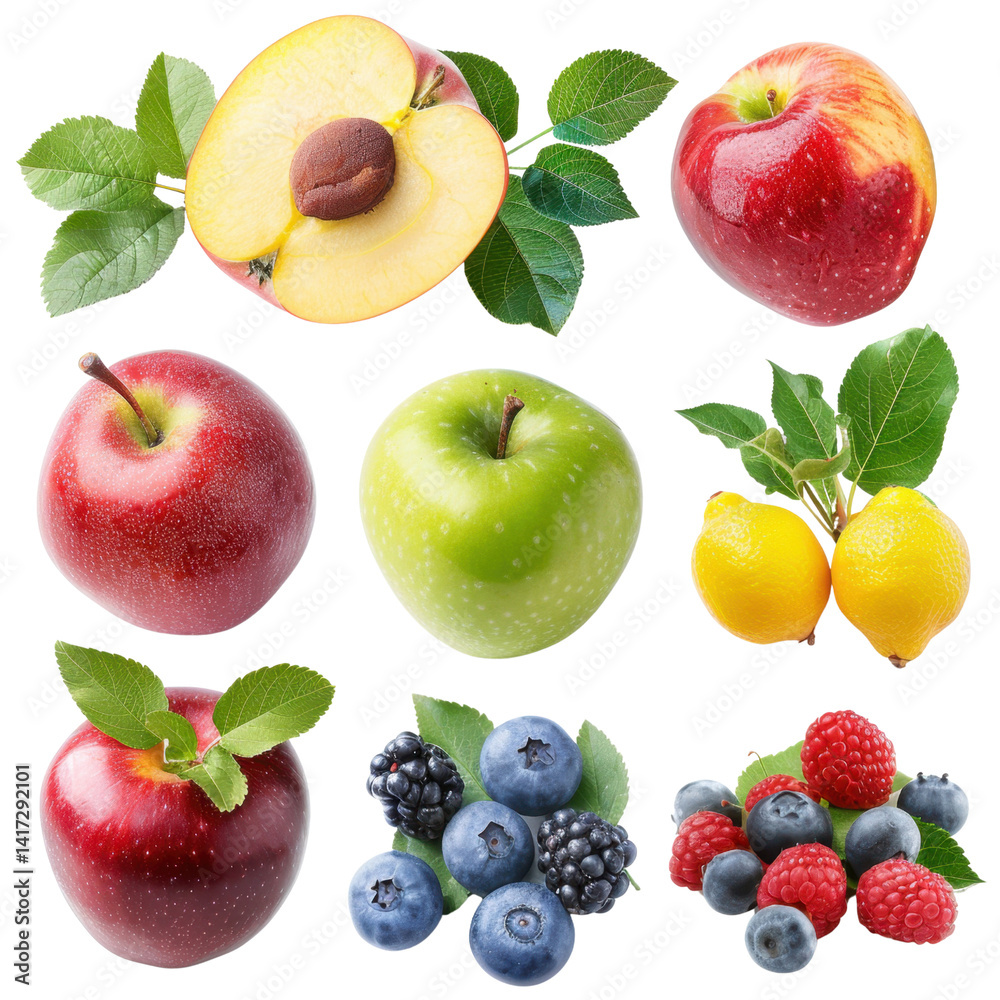Fresh apples, green apples, lemons, blueberries, blackberries, raspberries, and vibrant leaves create colorful fruit arrangement. This evokes sense of health and vitality