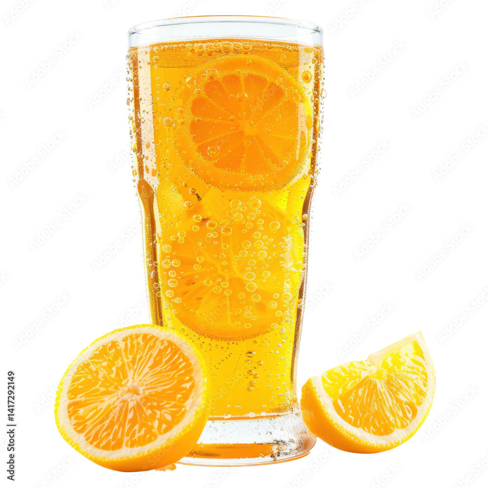 Refreshing orange beverage with bubbles and slices of lemon in tall glass, surrounded by fresh orange slices, evoking sense of summer and enjoyment