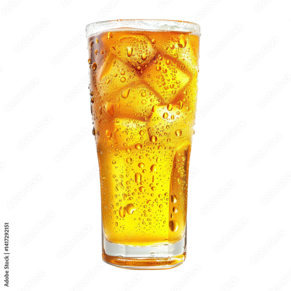 Refreshing beverage in tall glass filled with ice cubes, showcasing condensation on surface, perfect for hot days or celebrations