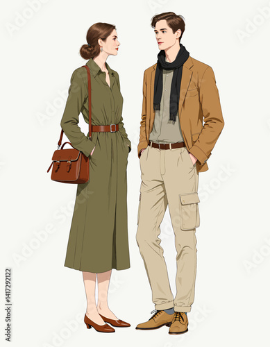 Elegant couple in olive and tan, looking at each other