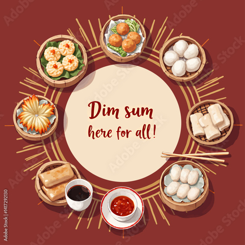 Dim sum feast illustration with various dumplings and sauces