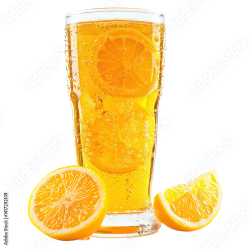 Obraz na płótnie Refreshing orange beverage with bubbles and slices of lemon in tall glass, surrounded by fresh orange slices, evoking sense of summer and enjoyment w salonie