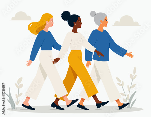 Diverse women walking together in solidarity illustration
