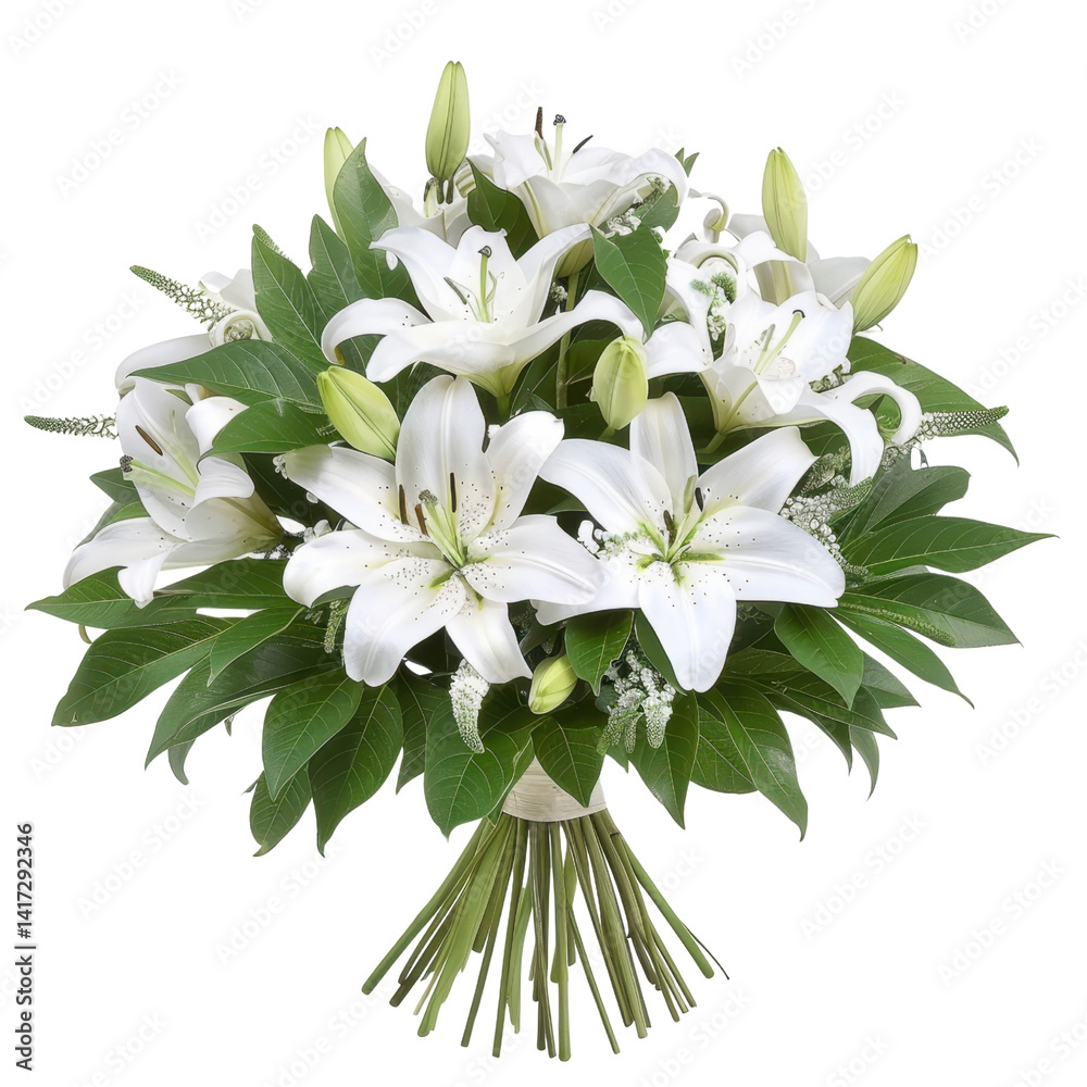 beautiful bouquet of white lilies surrounded by lush green leaves, creating elegant and fresh appearance. This arrangement is perfect for various occasions, conveying purity and grace
