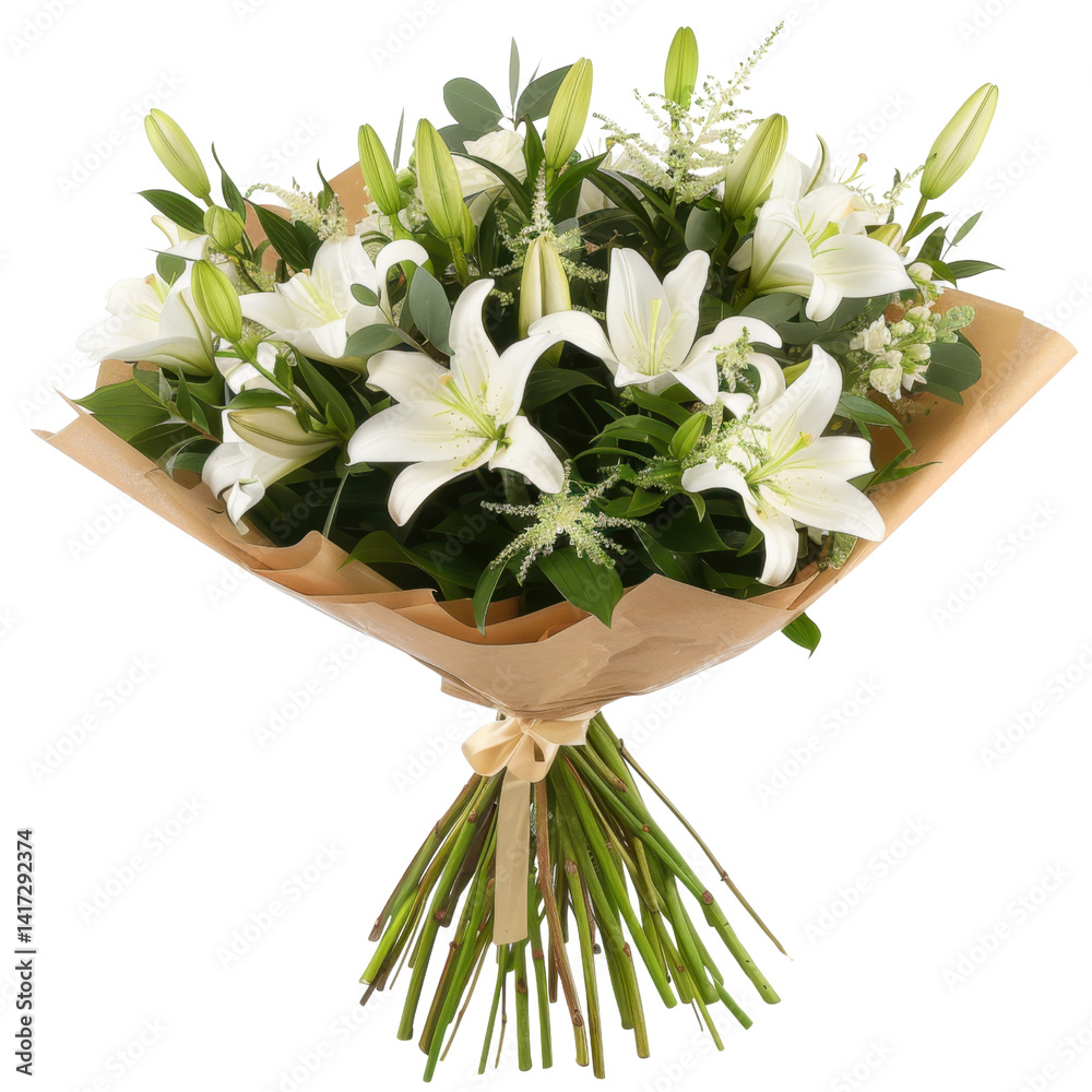 beautiful bouquet of white lilies arranged elegantly with greenery, showcasing fresh and vibrant appearance. This floral arrangement is perfect for various occasions, evoking feelings of purity